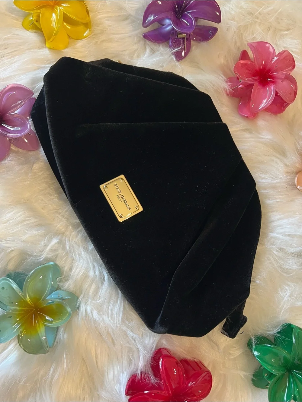 Dolce & Gabbana Black Velvet Clutch with Gold Plaque